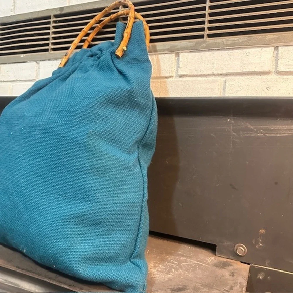 Vintage Unique Teal Embroidered Tote Bag Bamboo Handles Boho Style‎ - Picture 6 of 9